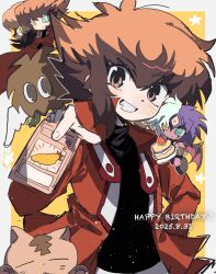  1other 3boys aqua_eyes black_shirt blush border brown_eyes brown_hair cake card cat chibi chibi_inset colored_skin dated duel_academy_uniform_(yu-gi-oh!_gx) food grin hair_between_eyes hand_on_own_hip hand_up happy_birthday heterochromia highres holding holding_card holding_plate jacket looking_at_viewer multicolored_hair multiple_boys open_clothes open_jacket outside_border pharaoh_(cat) pink_skin pipiyjy plate purple_hair red_jacket shirt shrimp shrimp_tempura simple_background smile split-color_hair star_(symbol) supreme_king_(yu-gi-oh!_gx) tempura white_border white_hair winged_kuriboh wings yellow_background yellow_eyes yu-gi-oh! yu-gi-oh!_gx yubel yuki_judai 