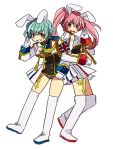  2girls animal_ears blue_hair boots bunny_girl chiester410 chiester45 em_crazy gloves grin multiple_girls pink_hair rabbit_ears red_eyes salute showgirl_skirt smile tattoo thigh_boots thighhighs twintails umineko_no_naku_koro_ni uniform white_gloves 