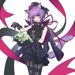  1girl animal animal_ear_fluff animal_ears animalization arknights ascot bang_dream! bang_dream!_it&#039;s_mygo!!!!! black_ascot black_dress black_gloves black_hat black_pantyhose cat_ears cat_girl cat_tail chinese_commentary commentary_request cowboy_shot dress from_hat_trick gloves hat highres holding holding_unworn_clothes holding_unworn_hat holding_wand kemonomimi_mode looking_at_viewer magician mortis_(bang_dream!) mortis_(persona)_(bang_dream!) open_mouth pantyhose purple_hair rabbit ribbon short_hair sleeveless sleeveless_dress smile standing tail unworn_hat unworn_headwear violet_eyes wakaba_mutsumi wand white_background wolfark yuutenji_nyamu yuutenji_nyamu_(magician_of_passion) 