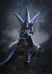  1boy 2204design absurdres black_coat blender_(medium) chain coat english_commentary full_body glowing glowing_eyes highres holding holding_chain looking_at_viewer mecha metal_sonic neo_metal_sonic no_humans rain red_eyes red_shoes robot science_fiction shoes solo sonic_(series) sonic_heroes spikes super_robot 