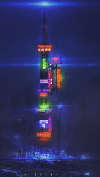 ad amazon_(company) city commentary english_commentary english_text familymart google highres kinoko_no_sato night no_humans original outdoors scenery science_fiction sign skyline tower translation_request 