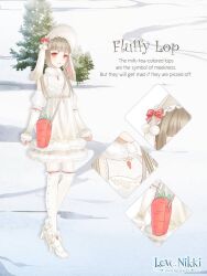  1girl animal_costume animal_ear_headwear animal_ears arm_warmers artist_request bag bare_shoulders blunt_bangs bonnet bow brown_hair carrot_bag character_name copyright_name detached_sleeves dot_nose dress english_text expressionless eyelashes fake_animal_ears fluffy_lop_(miracle_nikki) frilled_sleeves frilled_socks frills full_body fur-trimmed_arm_warmers fur-trimmed_dress fur_anklet fur_scarf fur_trim hair_over_shoulder hat hat_bow high_heels layered_legwear light_blush logo long_hair lop_rabbit_ears mary_janes miracle_nikki nikki_(series) official_art orange_bag orange_bow orange_eyes outdoors over-kneehighs pantyhose parted_lips pom_pom_(clothes) puffy_short_sleeves puffy_sleeves pumps rabbit_costume rabbit_ears red_ribbon ribbon ribbon_legwear scarf shoes short_dress short_sleeves shoulder_bag sidelocks sleeveless sleeveless_dress snow socks solo standing striped_bow striped_clothes striped_pantyhose thigh-highs tree twintails vertical-striped_clothes vertical-striped_pantyhose white_arm_warmers white_bonnet white_dress white_pantyhose white_scarf white_shoes white_sleeves white_socks 