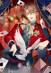  1boy ace_(playing_card) ace_of_hearts ace_of_spades bird blurry bokeh bow brown_eyes brown_hair cape card cowboy_shot curtains depth_of_field dove eiden_(nu_carnival) facing_viewer floating_card hair_between_eyes heart high_collar highres holding holding_wand jacket light_particles long_sleeves looking_to_the_side magician male_focus nu_carnival open_clothes open_jacket open_mouth playing_card red_jacket smile solo spade_(shape) stage_curtains teardrop_facial_mark wand white_bird xun1948637 yellow_bow 