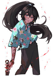  1boy arm_tattoo black_eyes black_hair black_pants blood blood_on_clothes blood_on_hands blue_eyes blue_shirt collared_shirt dagger earrings gold_earrings gold_necklace hawaiian_shirt heterochromia high_ponytail highres holding holding_dagger holding_knife holding_weapon hong_lu_(project_moon) jewelry knife limbus_company long_hair looking_at_viewer male_focus nakame77 neck_tattoo necklace open_mouth pants ponytail project_moon shirt short_sleeves simple_background solo standing tattoo tingtang_gang_(identity)_(project_moon) upper_body weapon white_background wide-eyed 