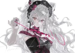  1girl bare_shoulders black_dress breasts closed_mouth cone_hair_bun double_bun dress earrings flower grey_hair hair_between_eyes hair_bun hair_flower hair_ornament heilanshuimuchu highres holding jewelry long_hair looking_at_viewer nail_polish original pink_flower pink_ribbon pink_rose red_eyes red_flower red_rose ribbon rose simple_background sleeveless sleeveless_dress smile solo strapless strapless_dress string upper_body very_long_hair white_background 