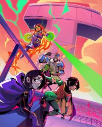  2girls 3boys absurdres armor bald beast_boy_(dc) black_cloak black_hair black_mask cape cloak colored_sclera colored_skin crop_top cyborg cyborg_(dc) dark-skinned_male dark_skin dc_comics derivative_work double_v fiery_hair floating flying forehead_jewel gloves green_eyes green_gloves green_pants green_sclera green_skin grey_skin grin highres hood hood_down levitation long_hair looking_at_viewer luistopxeroso medium_hair multiple_boys multiple_girls muscular muscular_male orange_hair orange_skin outdoors pants purple_cape purple_gloves purple_shirt purple_skirt raven_(dc) red_hair red_shirt robin_(dc) shirt short_hair short_sleeves skirt smile starfire superhero_costume teen_titans two-tone_cloak v yellow_cloak 