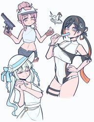  3girls black_hair braid closed_eyes dress fate/grand_order fate_(series) food green_eyes gun habetrot_(fate) hair_between_eyes hat highres holding holding_gun holding_weapon ice_cream ichigo_berry jeunesse_crane_(fate) jeunesse_crane_(first_ascension)_(fate) long_hair looking_at_viewer miss_crane_(fate) morgan_le_fay_(chaldea_public_relations_bureau)_(fate) morgan_le_fay_(fate) multiple_girls pink_eyes pink_hair ponytail short_hair simple_background smile swimsuit very_long_hair weapon white_background white_dress white_hair 