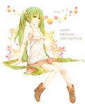  1girl 2013 absurdres character_name dated flower green_eyes green_hair hair_flower hair_ornament happy_birthday hatsune_miku highres hokano long_hair open_mouth shoes sitting solo tears twintails very_long_hair vocaloid white_background 