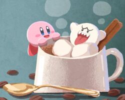  :d blue_background blue_eyes blush_stickers boo_(mario) coffee coffee_beans coffee_mug commentary cup kirby kirby_(series) miclot mug no_humans open_mouth sharp_teeth smile spoon super_mario_bros. teeth tongue tongue_out 