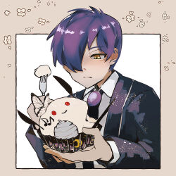  1boy black_necktie border bug butterfly cake closed_mouth coat collared_shirt food fork holding holding_fork library_of_ruina long_sleeves looking_at_object male_focus musical_note nakame77 necktie project_moon purple_brooch purple_coat purple_hair shirt short_hair simple_background solo upper_body white_background white_shirt yellow_border yellow_eyes yesod_(project_moon) 