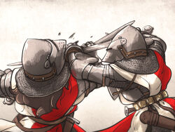  2girls armor aventail bascinet belt breastplate brown_hair chainmail commentary couter dagger facing_away fighting gauntlets grey_armor half-swording helmet highres holding holding_blade holding_sword holding_weapon hounskull ironlily knife layered_armor long_hair medieval multiple_girls ordo_mediare_sisters_(ironlily) pauldrons rerebrace revision rondel scabbard sheath shoulder_armor simple_background struggling surcoat sword vambraces visor_(armor) weapon white_background 