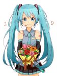  1girl 39 aqua_eyes aqua_hair bouquet detached_sleeves flower hatsune_miku headset long_hair necktie simple_background skirt smile solo twintails very_long_hair vocaloid white_background 