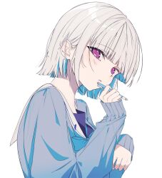  1girl absurdres blue_cardigan blue_hair blue_serafuku bob_cut cardigan colored_inner_hair highres holding holding_pencil lize_helesta lize_helesta_(4th_costume) mechanical_pencil multicolored_hair nijisanji official_alternate_costume p_kotai pencil sailor_collar school_uniform serafuku short_hair simple_background solo straight_hair two-tone_hair upper_body violet_eyes virtual_youtuber white_background white_hair white_sailor_collar 