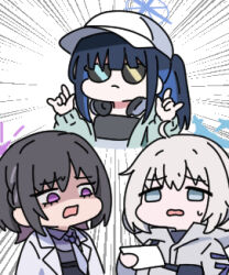  3girls \m/ ahoge baseball_cap bikini bikini_under_clothes black_bikini blue_archive blue_hair brown_hair character_request chibi collared_shirt commentary_request cropped_torso double_\m/ emphasis_lines green_jacket grey_eyes grey_hair grey_jacket halo hat headphones headphones_around_neck jacket lab_coat lowres misaki_(blue_archive) multiple_girls necktie nyaru_(nyaru_4126) open_clothes open_jacket open_mouth purple_necktie purple_shirt saori_(blue_archive) saori_(swimsuit)_(blue_archive) shaded_face shirt sunglasses swimsuit upper_body violet_eyes wavy_mouth white_background white_hat 