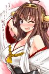  1girl ;d ahoge arm_up blush breasts brown_hair cleavage detached_sleeves fang hairband highres japanese_clothes kantai_collection kongou_(kantai_collection) long_hair looking_at_viewer open_mouth personification roki_(hirokix) smile solo translation_request wink 
