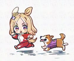  1girl animal animal_ears blonde_hair blush closed_eyes clothed_animal dog ear_covers ear_ornament gradient_eyes highres horse_ears horse_girl horse_tail jacket long_sleeves medium_hair multicolored_eyes narita_top_road_(umamusume) open_mouth pants red_jacket red_pants red_track_suit short_hair simple_background single_ear_cover smile tail takuan_(taku1219oekaki) tongue tongue_out tracen_training_uniform track_jacket track_pants track_suit umamusume violet_eyes 