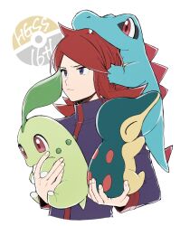  1boy anniversary chikorita closed_mouth commentary cyndaquil grey_eyes highres holding holding_pokemon jacket long_hair long_sleeves male_focus mocollie on_head parted_bangs pokemon pokemon_(creature) pokemon_hgss pokemon_on_head purple_jacket red_hair silver_(pokemon) starter_pokemon_trio symbol-only_commentary totodile white_background 