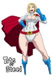  1girl belt blonde_hair blue_eyes boots breasts cape cleavage cleavage_cutout clothed_navel dc_comics english eroquis gloves large_breasts leotard lips open_mouth power_girl short_hair solo wink 