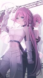  2girls absurdres asymmetrical_sleeves back-to-back bare_shoulders belt black_pants black_shirt black_sleeves braid breasts choker commentary competitive_fire!_(project_sekai) cowboy_shot crane_(machine) crop_top detached_sleeves dual_persona hair_between_eyes hair_flip hand_on_own_hip hand_up highres holding_hands large_breasts long_hair looking_at_viewer looking_back low_twintails megurine_luka midriff more_more_jump!_luka multiple_girls navel official_alternate_costume official_alternate_hairstyle open_mouth pants parted_bangs pink_hair pouch profile project_sekai rise_and_strive_(project_sekai) shirt sidelocks sleeveless sleeveless_shirt sora_(men0105) standing thigh_pouch twintails unzipped very_long_hair violet_eyes vivid_bad_squad_luka vocaloid white_pants white_sleeves 