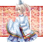  1girl aps@shugyouchuu detached_sleeves from_behind hat highres japanese_clothes kariginu looking_back mononobe_no_futo open_mouth ponytail ribbon short_hair silver_hair skirt smile solo tate_eboshi touhou wide_sleeves 