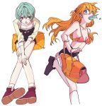  2girls adjusting_clothes adjusting_shoe ankle_boots ayanami_rei bag blank_stare blue_eyes blue_hair boots bra breasts cleavage cushion eyelashes flat_gaze food_in_mouth from_above hands_in_lap hanji long_hair looking_at_viewer midriff multiple_girls neon_genesis_evangelion orange_hair red_eyes running short_hair shorts sitting sitting_on_object small_breasts socks souryuu_asuka_langley underwear white_background white_legwear 