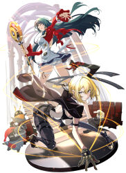  2girls arm_strap astra_yao bangboo_(zenless_zone_zero) black_coat black_hair black_pants blonde_hair camera chest_harness coat coat_on_shoulders earrings elbow_gloves eous_(zenless_zone_zero) evelyn_chevalier gloves hairband half_gloves harness high-waist_pants highres holding holding_camera holding_microphone holding_microphone_stand jacket jewelry latex_pants long_ribbon microphone microphone_stand multiple_girls necktie niihatigounana overtimeboo_(zenless_zone_zero) pants red_eyes red_jacket red_shrug ring_hair_ornament single_elbow_glove single_half_glove snap_(zenless_zone_zero) stairs taking_picture thigh_beads thigh_strap tight_clothes tight_pants uneven_bangs violet_eyes white_hairband yellow_necktie zenless_zone_zero 