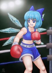  1girl backlighting bare_legs bare_shoulders blue_bow blue_eyes blue_hair blue_shorts blue_sports_bra bow boxing boxing_gloves boxing_ring boxing_shorts character_name cirno clenched_teeth dated deviantart_username dinjerr fighting_stance gloves hair_bow highres ice ice_wings red_gloves short_hair shorts solo sports_bra sportswear teeth touhou upper_body wings 