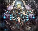  1girl black_dress blonde_hair bow brooch dress frame glowing green_eyes highres jewelry kozou_(soumuden) long_hair looking_at_viewer mecha_musume mechanical_arms original power_suit smile solo sparks 