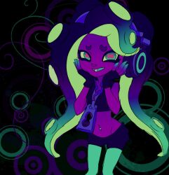  1girl aqua_eyes black_background black_gloves black_shorts brown_hair cephalopod_eyes circle colored_inner_hair crop_top fingerless_gloves gloves gradient_hair green_pantyhose hands_on_own_cheeks hands_on_own_face headphones highres long_hair looking_at_viewer lower_body marina_(off_the_hook_outfit)_(splatoon) marina_(splatoon) midriff multicolored_hair navel_piercing octoling open_mouth pantyhose piercing pointy_ears short_eyebrows shorts simple_background sleeveless smile solo splatoon_(series) splatoon_2 swept_bangs tentacle_hair thick_eyebrows wamairii zipper zipper_pull_tab 