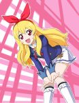  1girl aikatsu! blonde_hair hairband happy hoshimiya_ichigo long_hair open_mouth red_eyes ribbon school_uniform shiitake_urimo skirt smile solo 