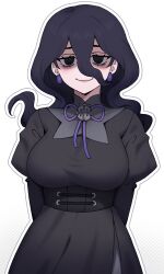  1girl @_@ black_dress black_hair breasts commentary dress earrings edmonmondo english_commentary hex_maniac_(pokemon) hex_maniac_(pokemon_legends:_z-a) highres jewelry looking_at_viewer medium_breasts pokemon pokemon_legends:_z-a simple_background smile solo violet_eyes white_background 