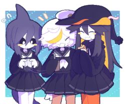  3girls :3 bird_girl black_hair black_hat black_sailor_collar black_sclera black_serafuku black_skirt blue_background blush_stickers border cetacean_tail chocolate_milk closed_eyes closed_mouth colored_sclera cup dolphi_(funamusea) dolphin_girl eating english_commentary fins fish_tail funamusea glass hair_between_eyes hat head_fins highres holding holding_cup ice_scream long_hair memoca_(funamusea) motion_lines multicolored_hair multiple_girls neckerchief oounabara_to_wadanohara open_mouth orange_hair orange_streaks penguin_girl penguin_hat peraco_(funamusea) pipiikki sailor_collar sailor_hat school_uniform serafuku sidelocks skirt streaked_hair tail white_border white_eyes white_hair white_neckerchief 