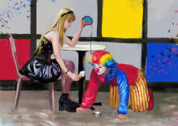 1boy 1girl all_fours amibazh asymmetrical_sleeves black_corset black_dress black_hairband black_shoes blonde_hair bowl chair clown clown_nose corset dress facepaint food grey_pantyhose hairband holding holding_food holding_ice_cream holding_leash ice_cream leash long_hair mismatched_sleeves multicolored_hair on_chair original pants pantyhose pet_bowl rainbow_hair shoes sitting striped_clothes striped_pants table yellow_pants 