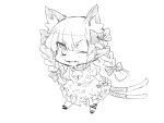  1girl animal_ears braid cat_ears cat_tail chibi extra_ears hamira-ze kaenbyou_rin long_hair looking_at_viewer monochrome multiple_tails open_mouth pointy_ears simple_background smile solo tail touhou twin_braids white_background wink 