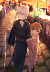  1boy 6+girls absurdres accelerator_(toaru_majutsu_no_index) ahoge arm_hug black_choker black_kimono blurry blurry_background brown_eyes brown_hair child choker commentary crutch electrodes food_stand grey_hair highres japanese_clothes kimono last_order_(toaru_majutsu_no_index) locked_arms market_stall misaka_mikoto multiple_girls night outdoors pension_z pink_kimono print_kimono red_eyes sandals saten_ruiko shirai_kuroko short_hair smile summer_festival toaru_kagaku_no_railgun toaru_majutsu_no_index translated uiharu_kazari yukata 