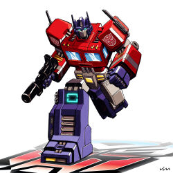  absurdres autobot blue_eyes energy_gun glowing glowing_eyes helmet highres humanoid_robot insignia jim_stafford laser_rifle machine mask mecha mouth_mask optimus_prime robot science_fiction smokestack transformers weapon 