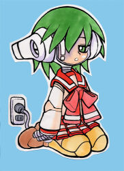 1girl android aqua_background archived_source arms_at_sides bad_link blouse bow bowtie brown_shoes cable contrast_collar electrical_outlet full_body green_eyes green_hair hair_over_one_eye helmet izuna_yoshitsune joints leaf_(studio) long_sleeves looking_at_viewer lowered_eyelids lowres mecha_musume mechanical_arms mechanical_ears mechanical_hands mechanical_head mechanical_legs mechanical_neck mechanical_shoes mechanical_skirt miniskirt multi_(to_heart) one_eye_covered outline parted_lips pink_bow pink_bowtie pleated_skirt powering_up red_sailor_collar red_skirt robot_ears robot_girl robot_joints sailor_collar school_uniform seiza shirt shoes simple_background sitting skirt solo teeth thigh-highs to_heart to_heart_(series) traditional_media white_outline white_sleeves yellow_thighhighs 