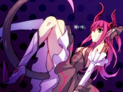  1girl blue_eyes claws detached_sleeves dress fate/extra_ccc fate_(series) horns lancer_(fate/extra_ccc) long_hair pink_hair pointy_ears pointy_shoes shou_(paix) solo tail two_side_up 