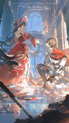  1boy 1girl absurdres arched_window ayn_alwyn bare_shoulders belt black_belt black_boots black_bow black_hair black_ribbon black_sash blurry bonnet boots bow candelabra candle candlestand cape character_name closed_mouth commentary commission crinoline cropped_jacket crying crying_with_eyes_open day depth_of_field detached_sleeves dress dress_bow dress_flower earrings eye_contact falling_petals flower from_side full_body gauntlets gloves gown hair_between_eyes hand_on_own_chest hexagram high-waist_pants highres holding holding_sword holding_weapon indoors jacket jewelry knighting knocked_over long_dress long_hair long_sleeves looking_at_another lovebrush_chronicles luochun_ring neck_ribbon oc_x_canon on_one_knee original outstretched_arm pants parted_lips peony_(flower) petals pink_flower profile puffy_detached_sleeves puffy_long_sleeves puffy_sleeves red_bonnet red_bow red_cape red_dress red_eyes red_flower red_ribbon red_rose ribbon rose rose_window sash shadow sheath sheathed shirt short_hair shoulder_sash sleeveless sleeveless_dress standing star_(symbol) star_earrings star_of_david sunlight sword tassel tears thigh_boots tuxedo_shirt two-tone_bow vase very_long_hair watermark weapon white_gloves white_jacket white_pants white_shirt wind window 