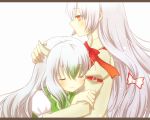  2girls armband bow closed_eyes ex-keine fujiwara_no_mokou hair_bow hand_on_another&#039;s_head holding_arm horn_ribbon horns kamishirasawa_keine leaning_on_person letterboxed long_hair long_sleeves multicolored_hair multiple_girls no_mouth onaga profile puffy_short_sleeves puffy_sleeves red_eyes ribbon short_sleeves silver_hair smile tears touhou very_long_hair white_background 