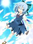  1girl blue_dress blue_eyes blue_hair blue_sky bow cirno do_(4-rt) dress hair_bow highres ice ice_wings looking_at_viewer open_mouth outstretched_arms perspective puffy_sleeves shirt short_sleeves sky smile solo sun touhou wings 