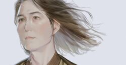  1boy brown_eyes brown_hair character_request colored_inner_hair copyright_request expressionless facing_viewer hair_flowing_over male_focus multicolored_hair painterly portrait robe runlikehellllll short_hair simple_background solo white_background 