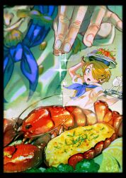  2boys aged_down blonde_hair blue_eyes blue_neckerchief braided_mustache buttons chef commentary cup drinking_glass facial_hair food fruit goatee hair_over_one_eye highres holding holding_tray lemon lemon_slice lobster male_focus mg_choco826 multiple_boys mustache neckerchief one_piece open_mouth pasta red-leg_zeff salt sanji_(one_piece) shirt short_hair smile spaghetti symbol-only_commentary tray white_shirt wine_glass 