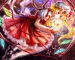  1girl :o ankle_socks ascot aura blonde_hair bow dutch_angle faux_traditional_media flandre_scarlet glowing gradient gradient_background hat hat_ribbon heart light_particles looking_at_viewer mary_janes mob_cap number petticoat red_eyes ribbon shoes short_hair short_sleeves side_glance side_ponytail skirt skirt_set solo soushi_(shio040) touhou wings wrist_ribbon 