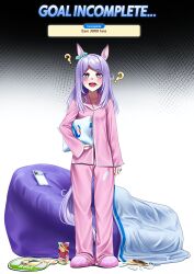  1girl ? absurdres alternate_costume animal_ears bow ear_bow ear_ribbon full_body gameplay_mechanics highres holding holding_pillow horse_ears horse_girl horse_tail manjo_(warito) mejiro_mcqueen_(umamusume) open_mouth pajamas pillow pink_pajamas purple_hair slippers solo standing tail umamusume violet_eyes 