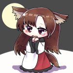  1girl animal_ears averted_eyes brown_hair chibi fang full_moon grey_background hands_on_own_chest hands_together imaizumi_kagerou layered_dress long_hair long_sleeves moon nanai07 open_mouth red_eyes shadow simple_background solo tail tears touhou wolf_ears wolf_tail 