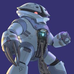  acguy blue_background bmwsb0 claws commentary feet_out_of_frame gundam highres looking_at_viewer mecha mecha_focus mobile_suit mobile_suit_gundam no_humans one-eyed open_cockpit red_eyes robot science_fiction simple_background solo standing zeon 