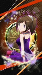  1girl anime_coloring ansatsu_kyoushitsu breasts brown_hair closed_mouth cowboy_shot dress from_behind glowing hair_ornament hair_scrunchie jewelry large_breasts morita_kazuaki necklace official_art orange_background pantyhose plaid_background ponytail purple_dress purple_pantyhose scrunchie shawl short_hair sidelocks sitting smile solo violet_eyes white_scrunchie yada_touka 