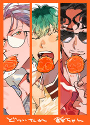  3boys :3 :o ^3^ ahoge amayado_rei aqua_hair beard_stubble black_hair blush_stickers border candy character-themed_food choppy_bangs close-up closed_eyes collarbone collared_shirt column_lineup curtained_hair dotsuitare_hompo eating eyewear_strap facial_hair fingernails food from_side furrowed_brow glasses green_eyes grey_eyes hair_between_eyes hair_slicked_back hand_up heterochromia highres holding holding_candy holding_food holding_lollipop hypnosis_mic il_huru jewelry licking_food lollipop looking_at_viewer looking_to_the_side loose_hair_strand male_focus mature_eyes mature_male mouth_hold multicolored_hair multiple_boys mustache_stubble narrowed_eyes necklace notice_lines nurude_sasara open_mouth orange_border orange_eyes parted_bangs parted_hair partially_unbuttoned purple_hair red_shirt round_eyewear scar scar_across_eye scar_on_face shirt short_hair smile streaked_hair stubble sunglasses tongue tongue_out tsutsujimori_rosho wavy_hair white_background white_shirt wrinkled_skin 