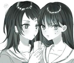  2girls bang_dream! bang_dream!_it's_mygo!!!!! bluuue commentary_request drinking_straw drinking_straw_in_mouth greyscale hanasakigawa_school_uniform holding_carton long_hair medium_hair mole mole_under_eye monochrome multiple_girls nervous_sweating open_mouth parted_lips school_uniform serafuku shiina_taki simple_background sweat upper_body white_background yahata_umiri yuri 